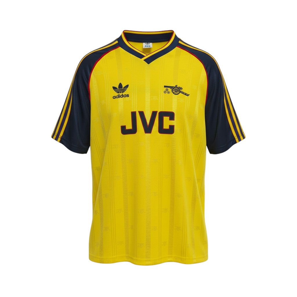 Hinchas Sportswear Store Arsenal 1988-91 retro away jersey, yellow with navy blue sleeves and red trim, Adidas trefoil logo, JVC sponsor.