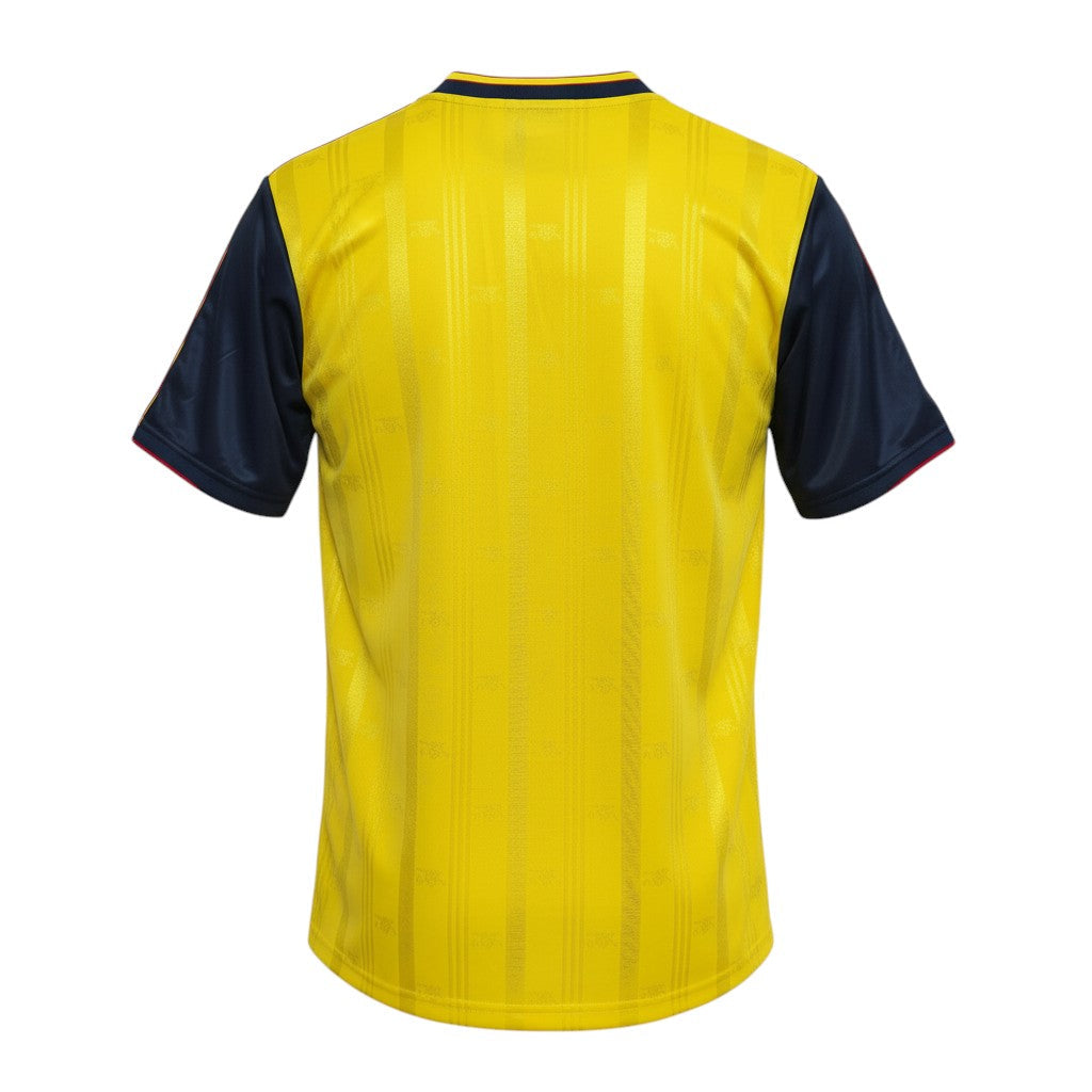 Hinchas Sportswear Store Arsenal 1988-91 retro away jersey, yellow with navy blue sleeves and red trim.