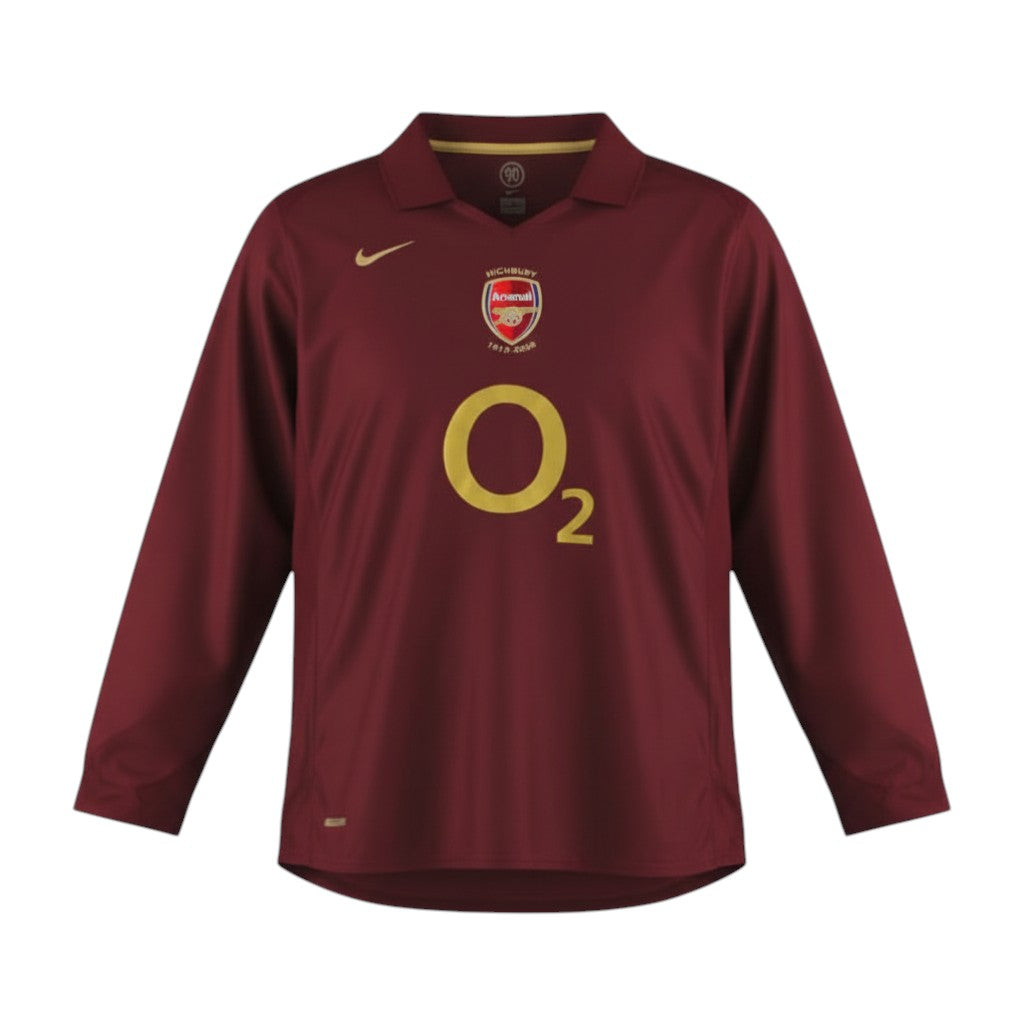 Hinchas Sportswear Store Arsenal 2005/06 retro long sleeve home kit in maroon with gold O2 sponsor and Highbury 1913-2006 detail.