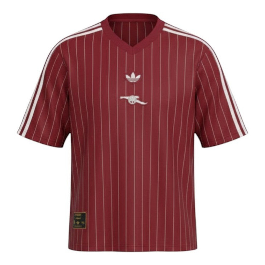 Hinchas Sportswear Store Arsenal retro jersey in deep red with white pinstripes and Adidas Originals branding.