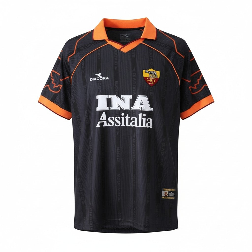 Hinchas Sportswear Store AS Roma 1998/99 black away jersey with orange trim and INA Assitalia sponsor.