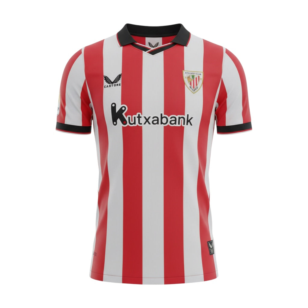 Hinchas Sportswear Store Athletic Club Bilbao 2025/26 home jersey, red and white vertical stripes, embroidered crest, black collar and cuffs.