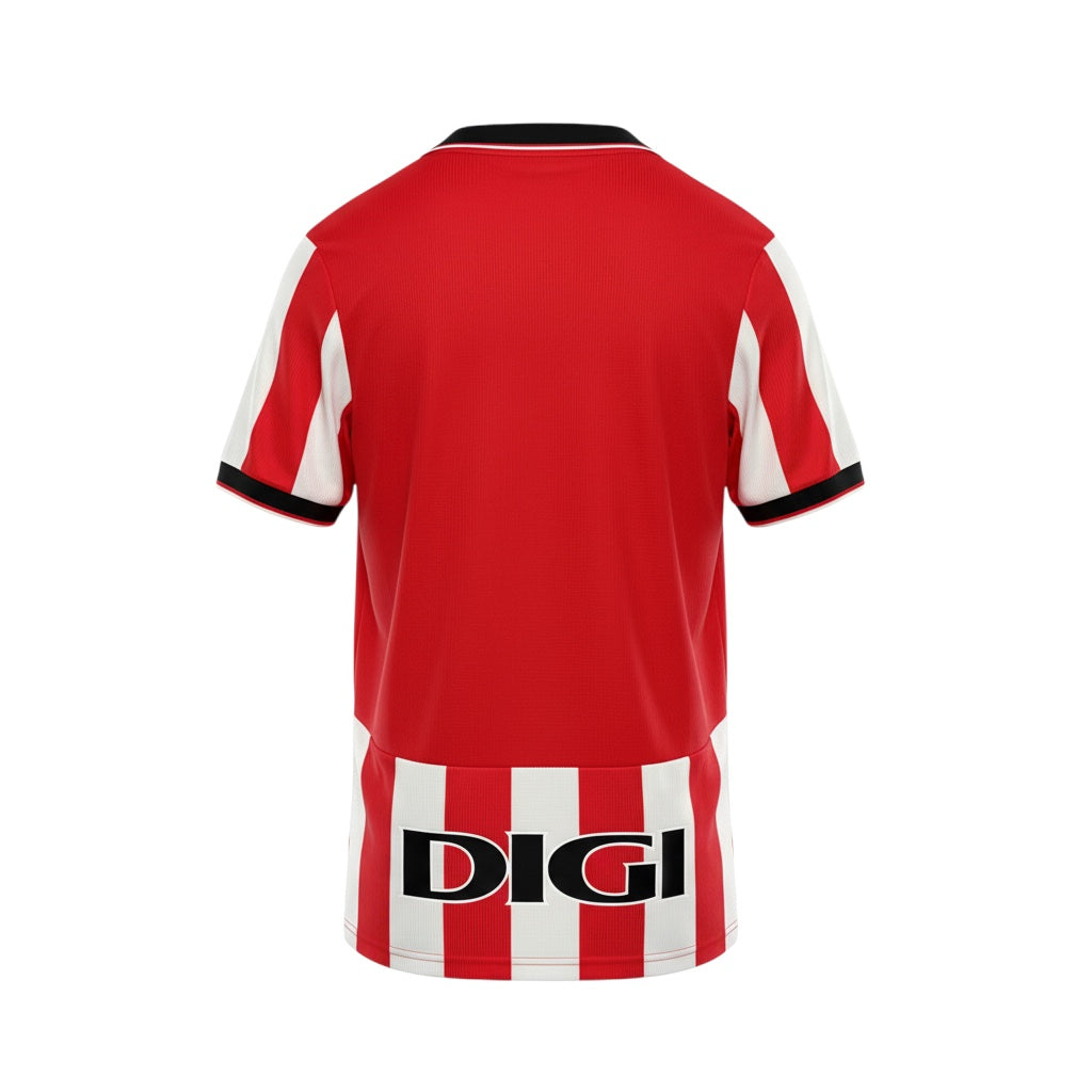 Hinchas Sportswear Store Athletic Club Bilbao 2025/26 home jersey, red and white vertical stripes, black collar, embroidered crest.