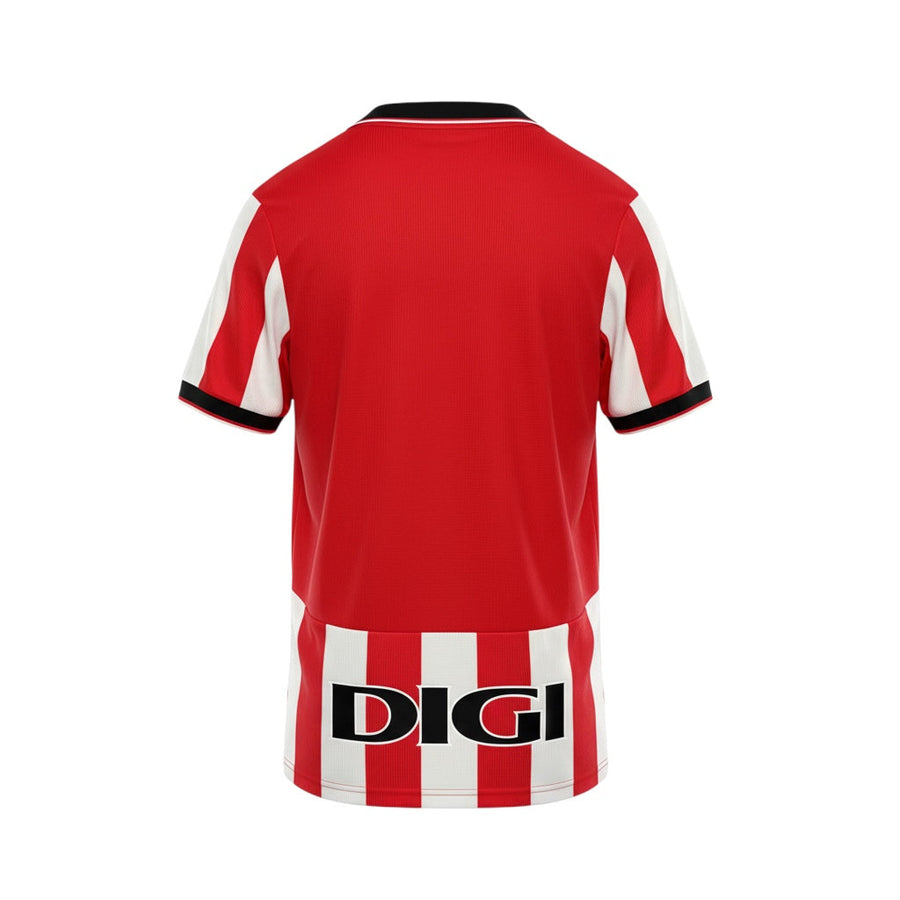 Hinchas Sportswear Store Athletic Club Bilbao 2025/26 home jersey, red and white vertical stripes, black collar, embroidered crest.