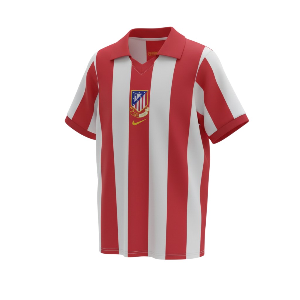 Hinchas Sportswear Store Atlético de Madrid 2003 Centenario retro jersey with red and white stripes, V-neck, and gold Nike logo.