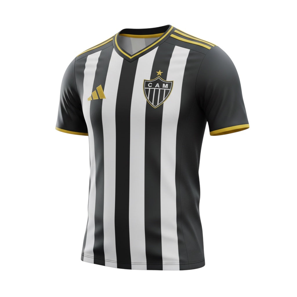 Hinchas Sportswear Store Atlético Mineiro 2025/26 home jersey with black and white vertical stripes, gold Adidas accents, and embroidered crest.