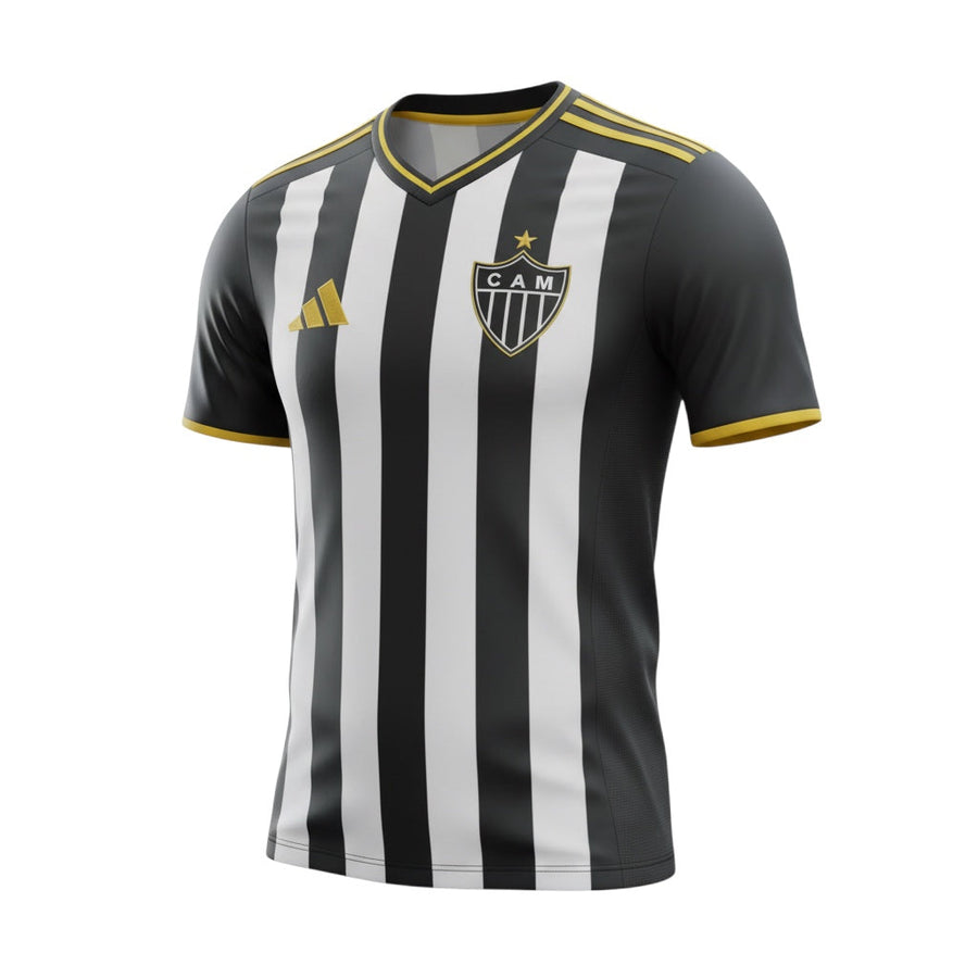 Hinchas Sportswear Store Atlético Mineiro 2025/26 home jersey with black and white vertical stripes, gold Adidas accents, and embroidered crest.