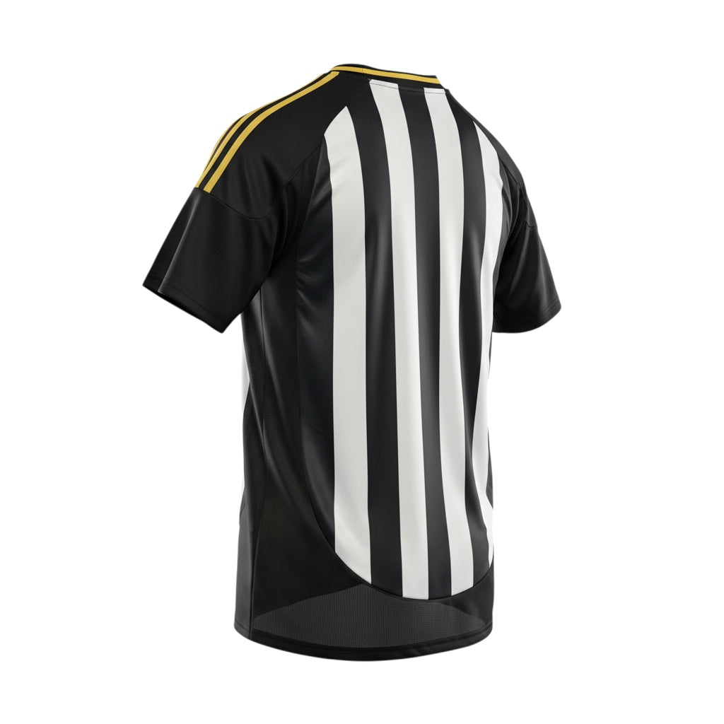 Hinchas Sportswear Store Atlético Mineiro 2025/26 home jersey with black and white vertical stripes and yellow accents.