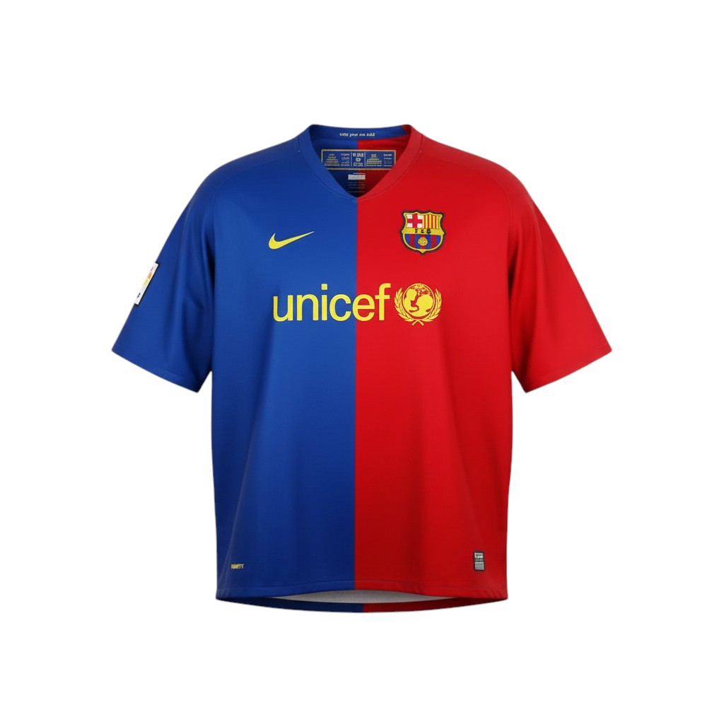 Hinchas Sportswear Store Barcelona 08/09 Home Kit, blue and red halves, UNICEF sponsor, Nike logo, FCB crest.