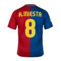 Hinchas Sportswear Store Barcelona 08/09 Iniesta #8 retro football jersey. Red and blue vertical stripes, yellow text and number.