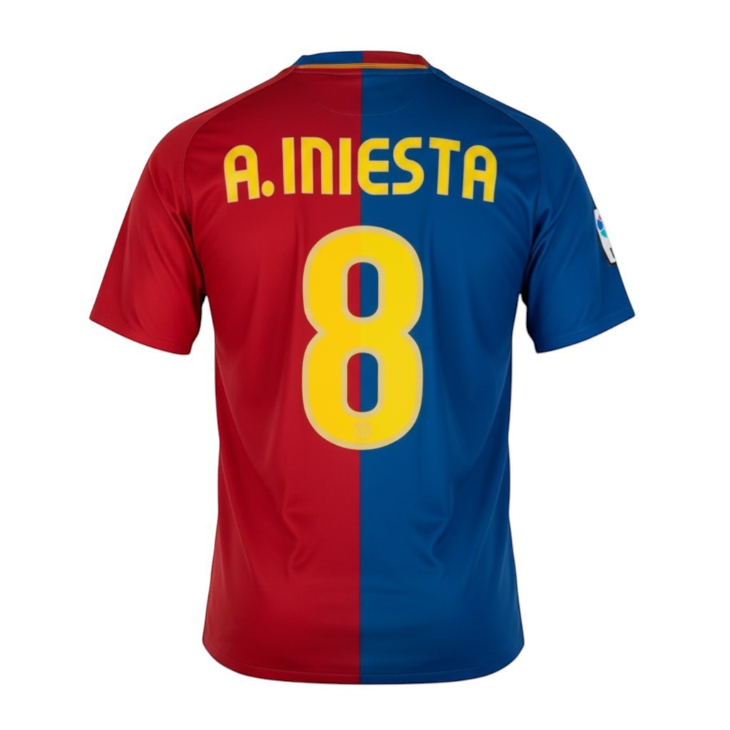 Hinchas Sportswear Store Barcelona 08/09 Iniesta #8 retro football jersey. Red and blue vertical stripes, yellow text and number.