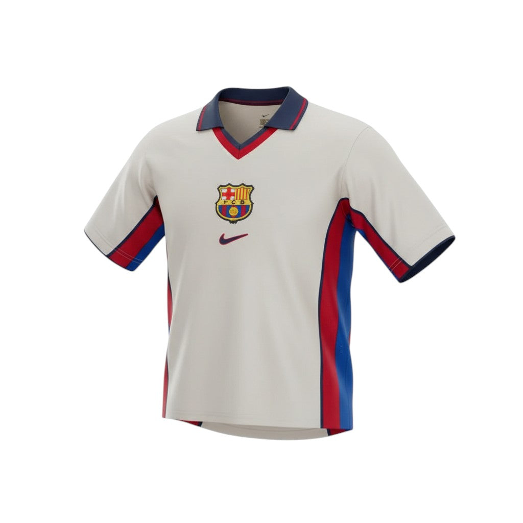 Hinchas Sportswear Store grey 1998-2001 Barcelona away jersey with red and blue side stripes and FCB crest.