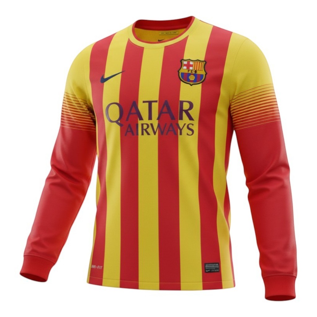 Hinchas Sportswear Store Barcelona Messi 2013/14 retro long sleeve away kit in yellow and red stripes.