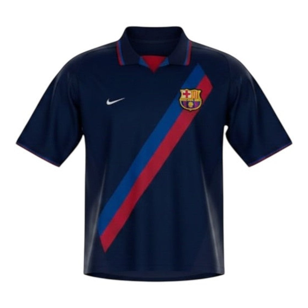 Hinchas Sportswear Store: 2002-03 Barcelona away jersey with Riquelme's number 8. Navy blue with red and blue diagonal stripe.