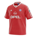 Hinchas Sportswear Store Bayern Munich 1991 retro red Adidas jersey with white collar, stripes, Opel logo, and UCL patches.