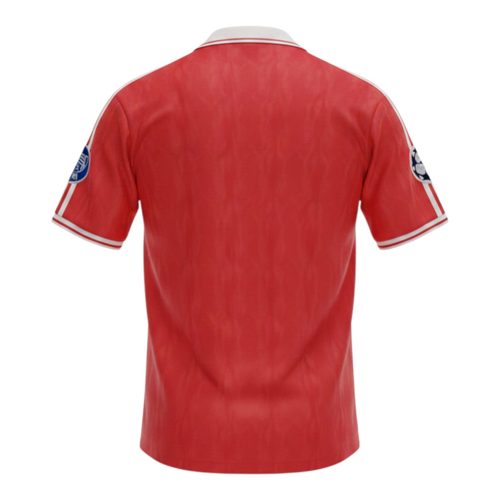 Hinchas Sportswear Store Bayern Munich 1991 retro red jersey with white collar and Adidas stripes, featuring UCL patches.