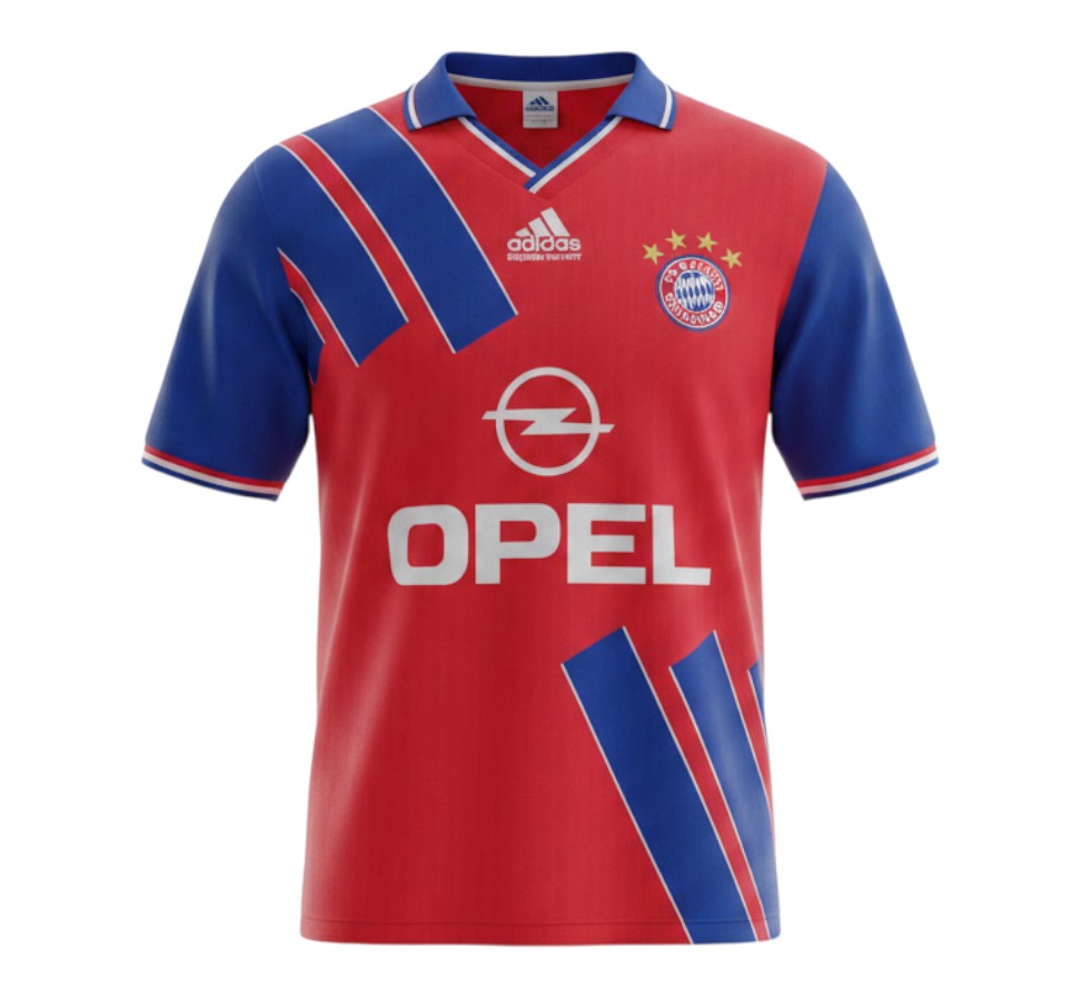 Hinchas Sportswear Store Bayern Munich 1993 retro home jersey. Red with blue sleeves, V-neck, and diagonal blue stripe panels. Features Adidas and Opel logos.