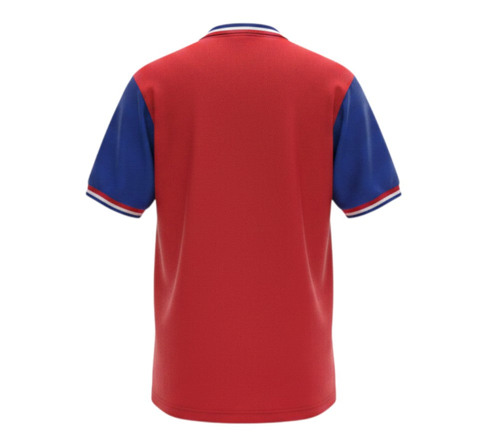 Hinchas Sportswear Store Bayern Munich 1993 retro home jersey, red body with blue sleeves and collar, white trim.