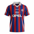 Hinchas Sportswear Store Bayern Munich 1995/96 retro jersey with bold royal blue and red vertical stripes, white polo collar, and Opel sponsor.