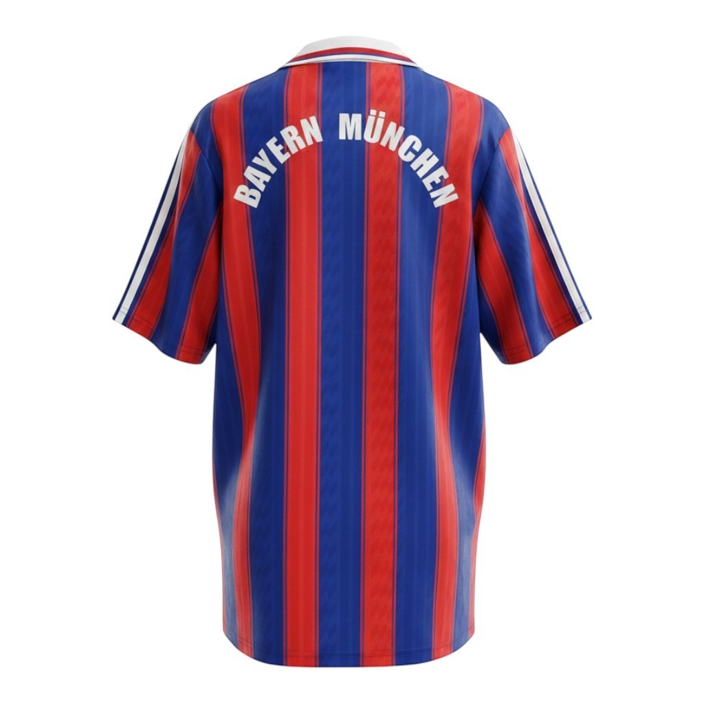 Hinchas Sportswear Store Bayern Munich 1995/96 retro jersey, royal blue and red vertical stripes, white Adidas shoulder stripes, white polo collar.