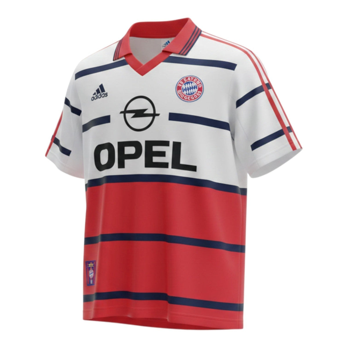 Hinchas Sportswear Store retro Bayern Munich 1998/99 away jersey. White upper, red lower, navy stripes, Opel sponsor.