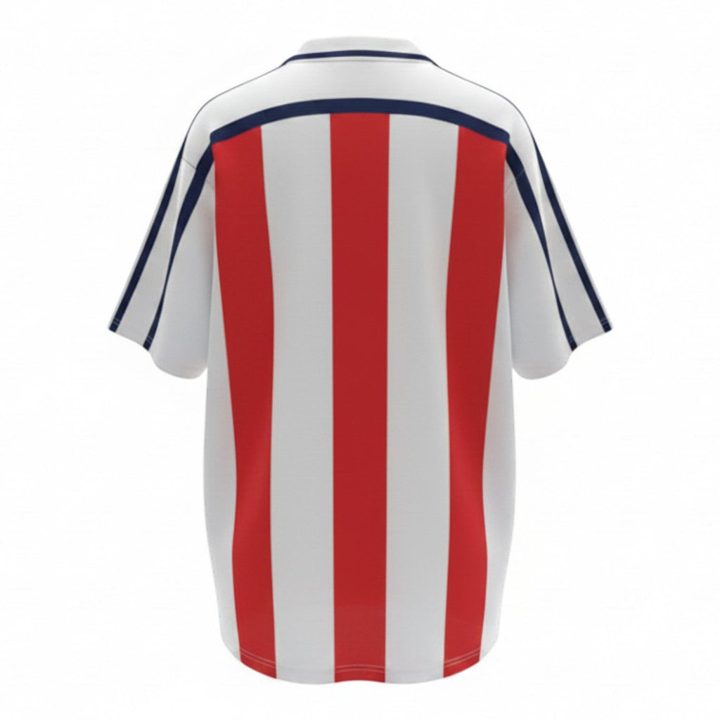 Hinchas Sportswear Store Bayern Munich 2001/02 retro away jersey, white with red vertical stripes and navy accents.