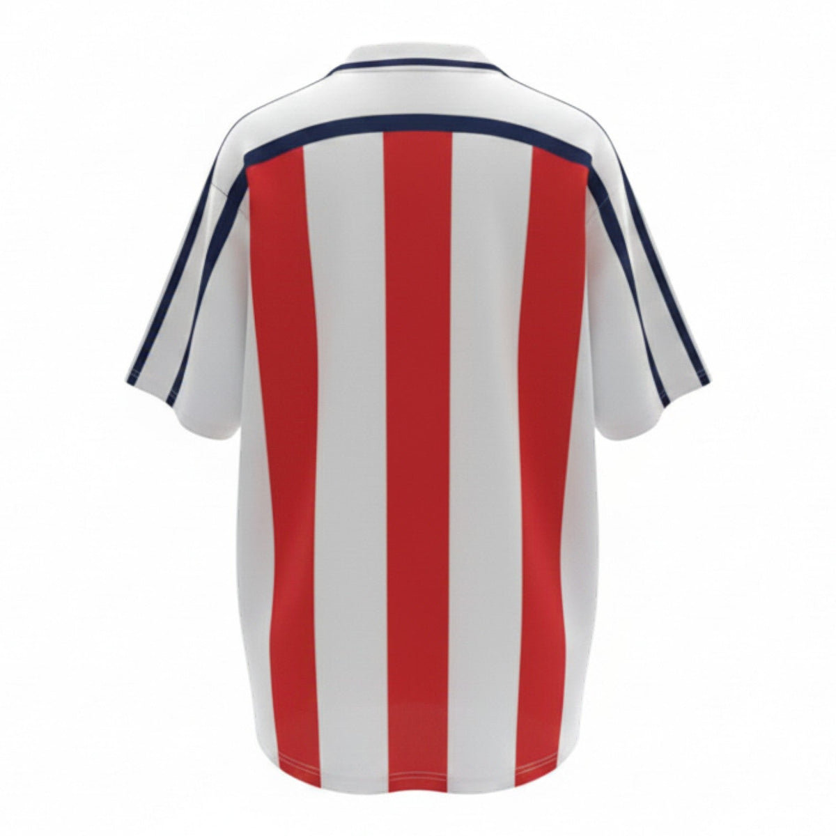 Hinchas Sportswear Store Bayern Munich 2001/02 retro away jersey, white with red vertical stripes and navy accents.