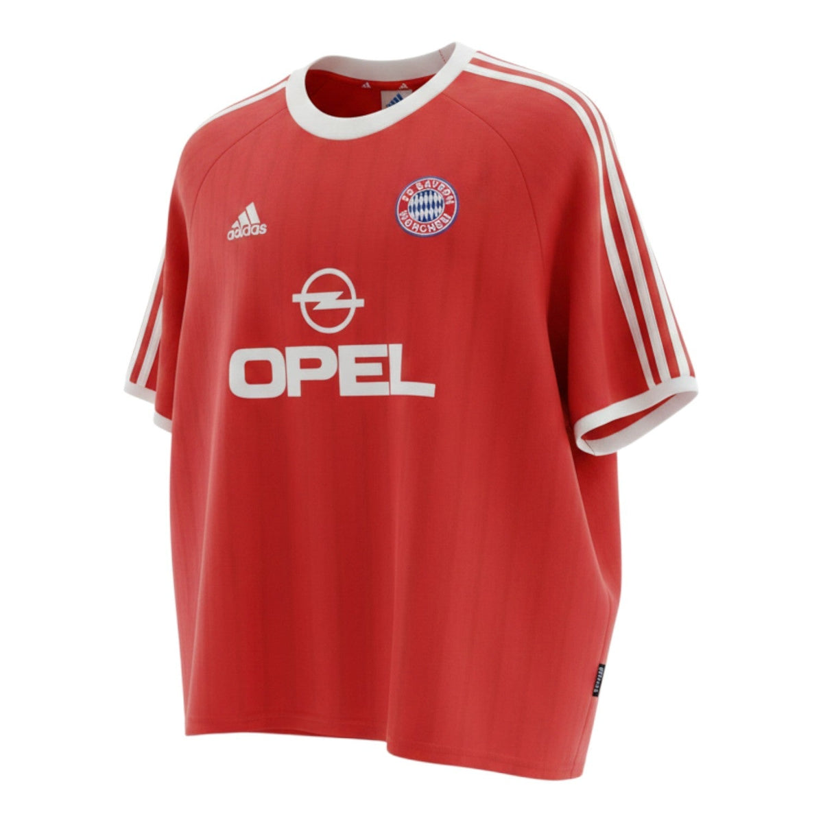 Hinchas Sportswear Store red Adidas Bayern Munich 2000/01 retro jersey with white Opel logo and three stripes.