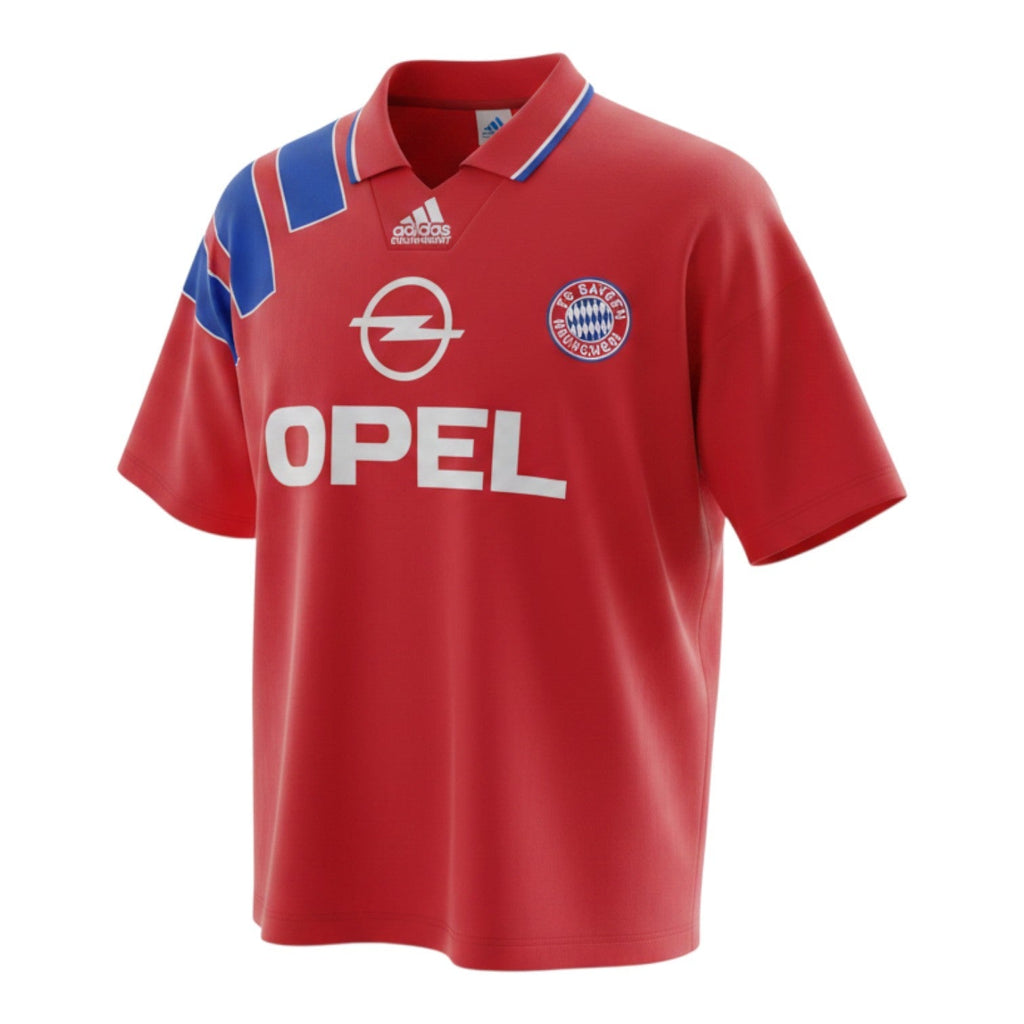 Hinchas Sportswear Store red Bayern Munich 1992/93 retro jersey with blue Adidas Equipment stripes on shoulder and Opel sponsor.