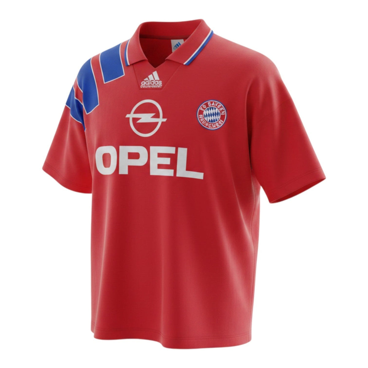 Hinchas Sportswear Store red Bayern Munich 1992/93 retro jersey with blue Adidas Equipment stripes on shoulder and Opel sponsor.