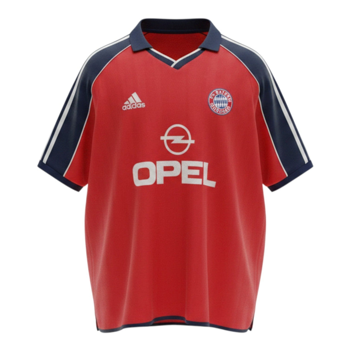 Hinchas Sportswear Store Bayern Munich 2000/01 retro red football jersey with navy blue sleeves and white stripes, featuring Opel sponsor.