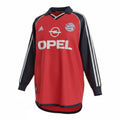 Hinchas Sportswear Store Bayern Munich 2000/01 long sleeve retro jersey in red with navy sleeves and white Adidas stripes. Features Opel sponsor.