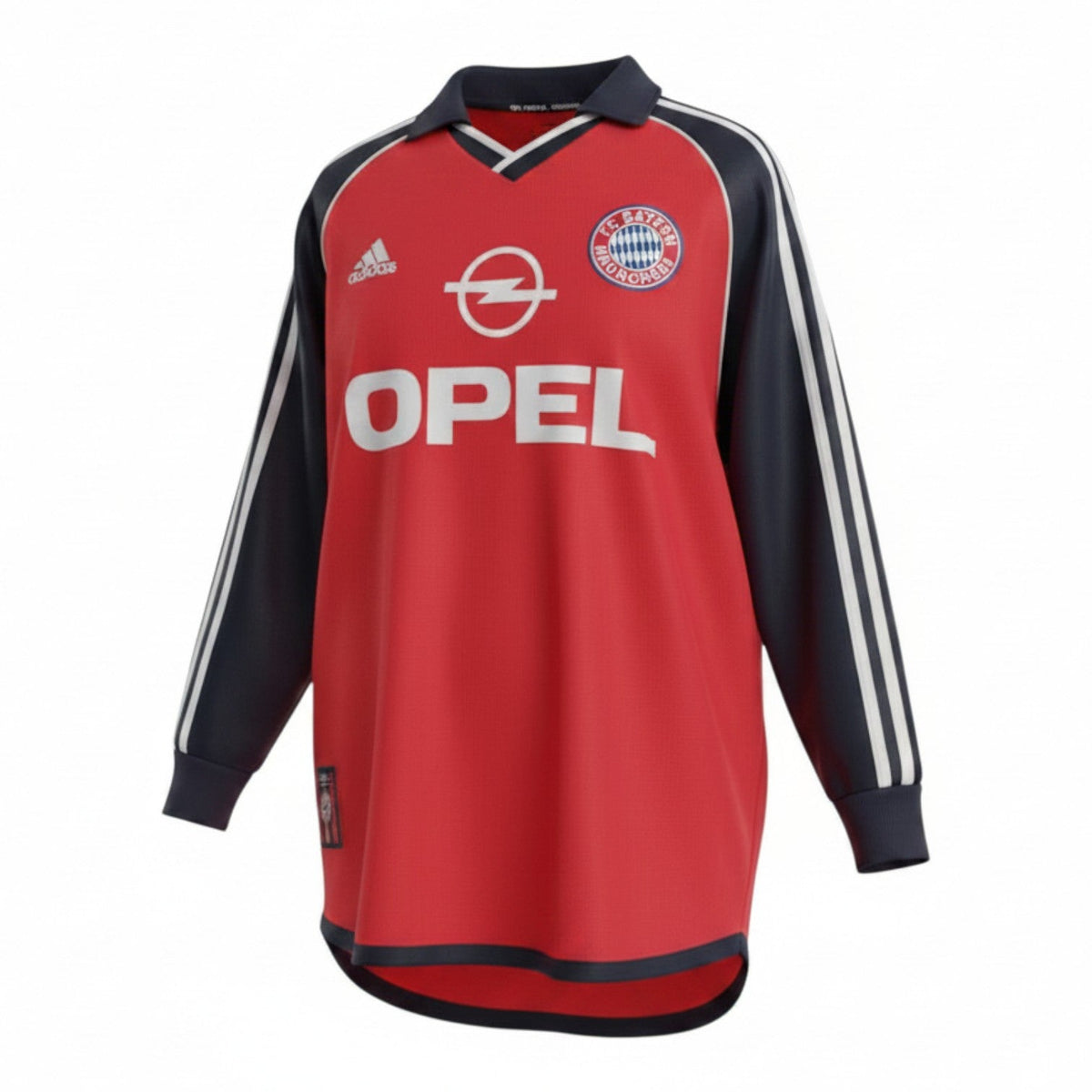 Hinchas Sportswear Store Bayern Munich 2000/01 long sleeve retro jersey in red with navy sleeves and white Adidas stripes. Features Opel sponsor.