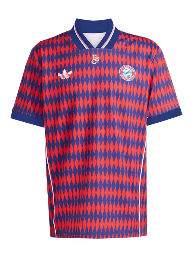 Hinchas Sportswear Store Bayern Munich retro jersey, red and navy diamond pattern, Adidas Originals logo, FC Bayern crest.