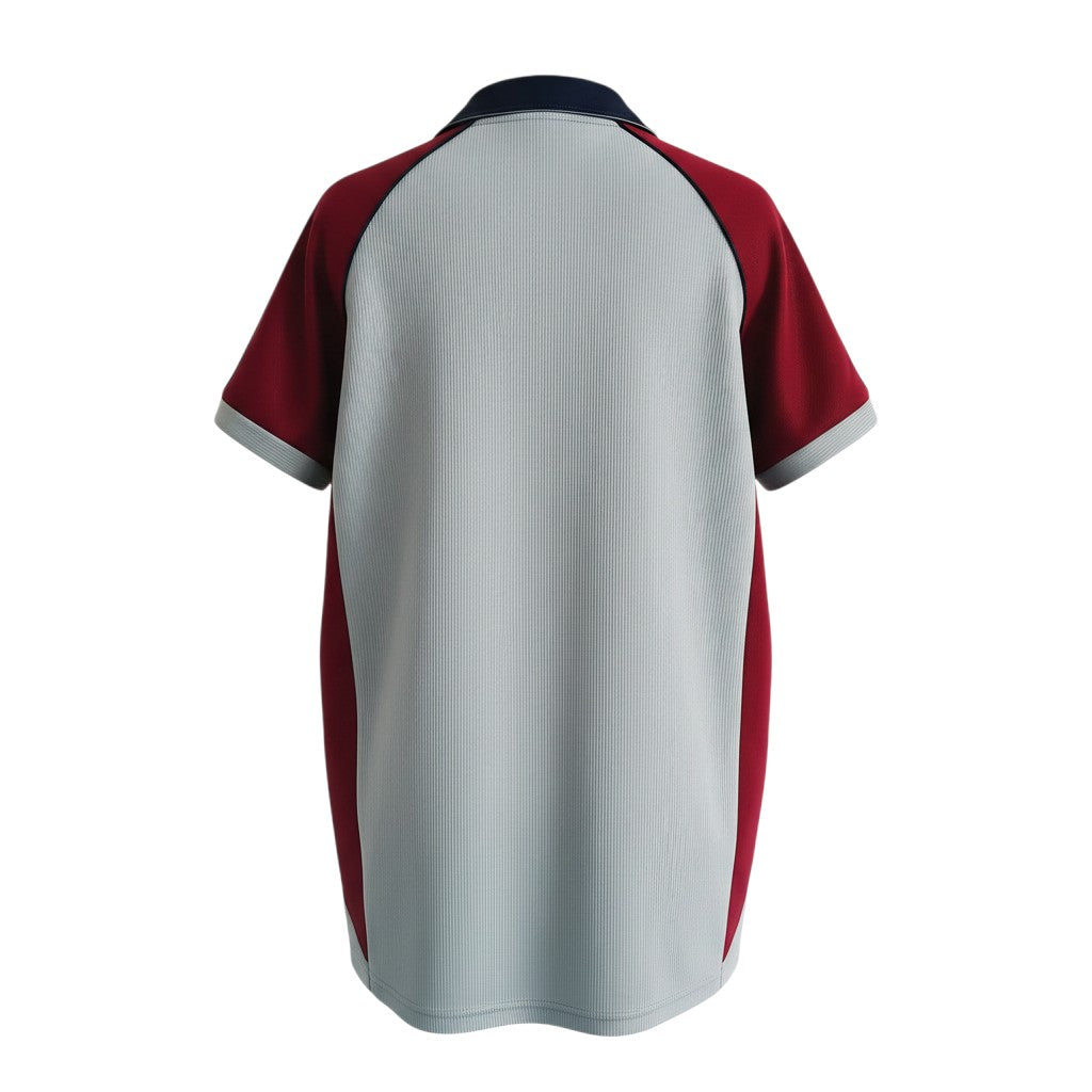 Hinchas Sportswear Store retro Bayern Munich 1999/00 away jersey. Silver-grey with burgundy raglan sleeves and navy collar.