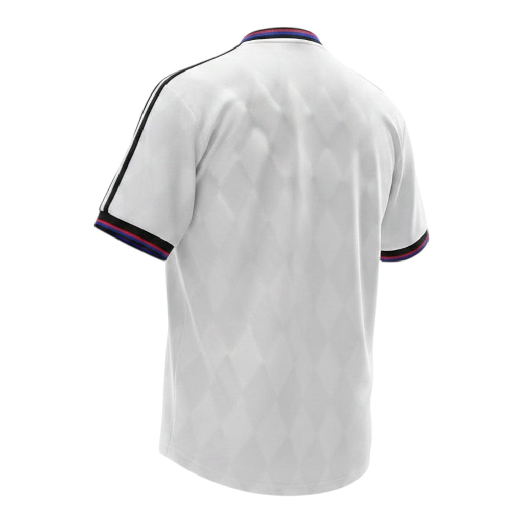 Hinchas Sportswear Store white retro Bayern Munich 1995/96 away jersey with diamond jacquard texture, Adidas stripes, and multicolor collar trim.