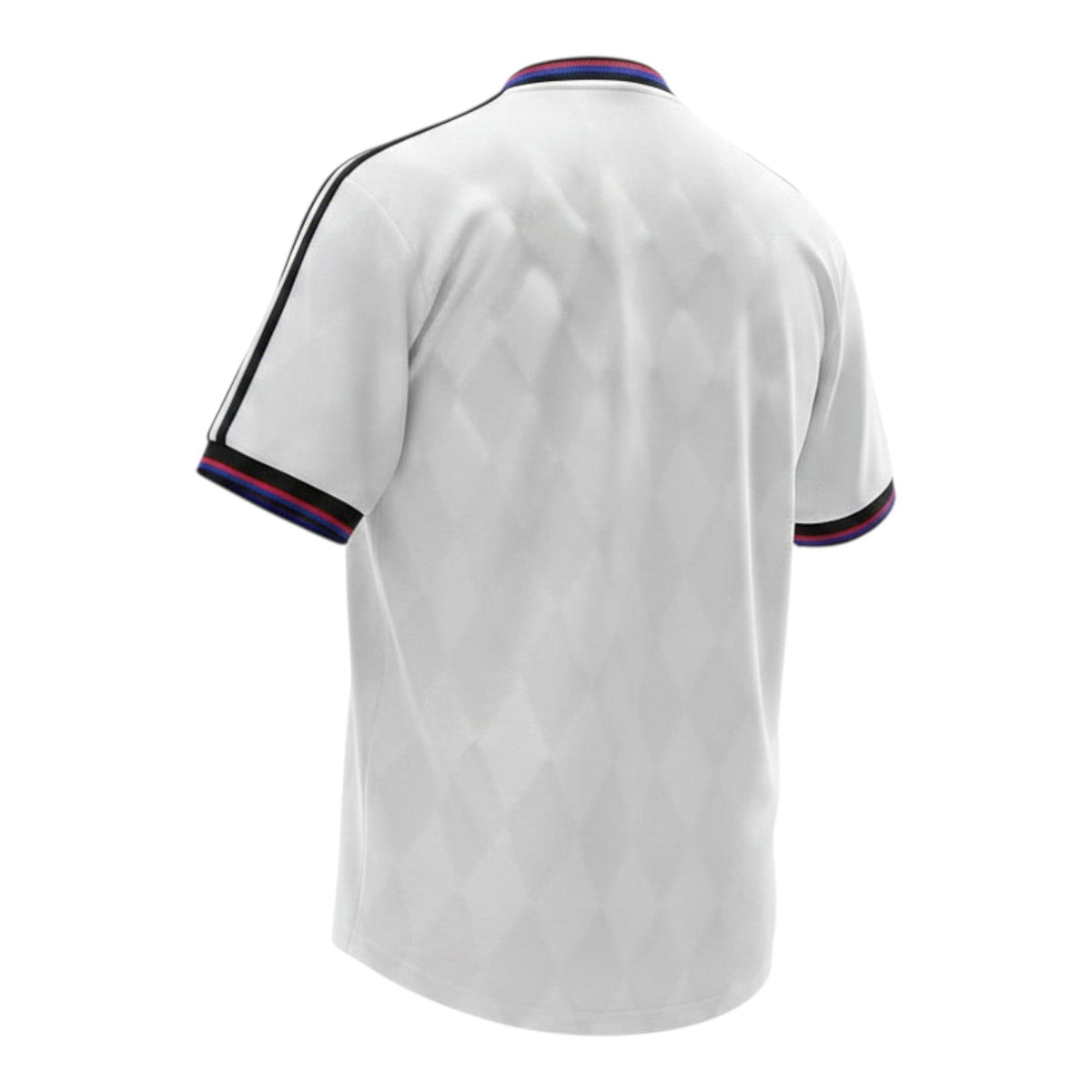 Hinchas Sportswear Store white retro Bayern Munich 1995/96 away jersey with diamond jacquard texture, Adidas stripes, and multicolor collar trim.