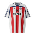 Hinchas Sportswear Store Bayern Munich 2001/02 retro away jersey, white with red vertical stripes, navy blue accents, Adidas logo, Opel sponsor.