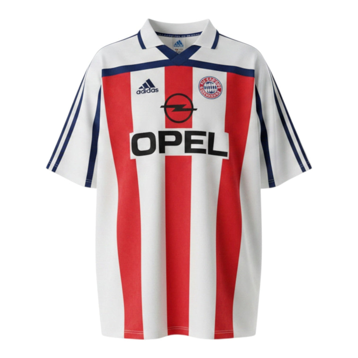 Hinchas Sportswear Store Bayern Munich 2001/02 retro away jersey, white with red vertical stripes, navy blue accents, Adidas logo, Opel sponsor.