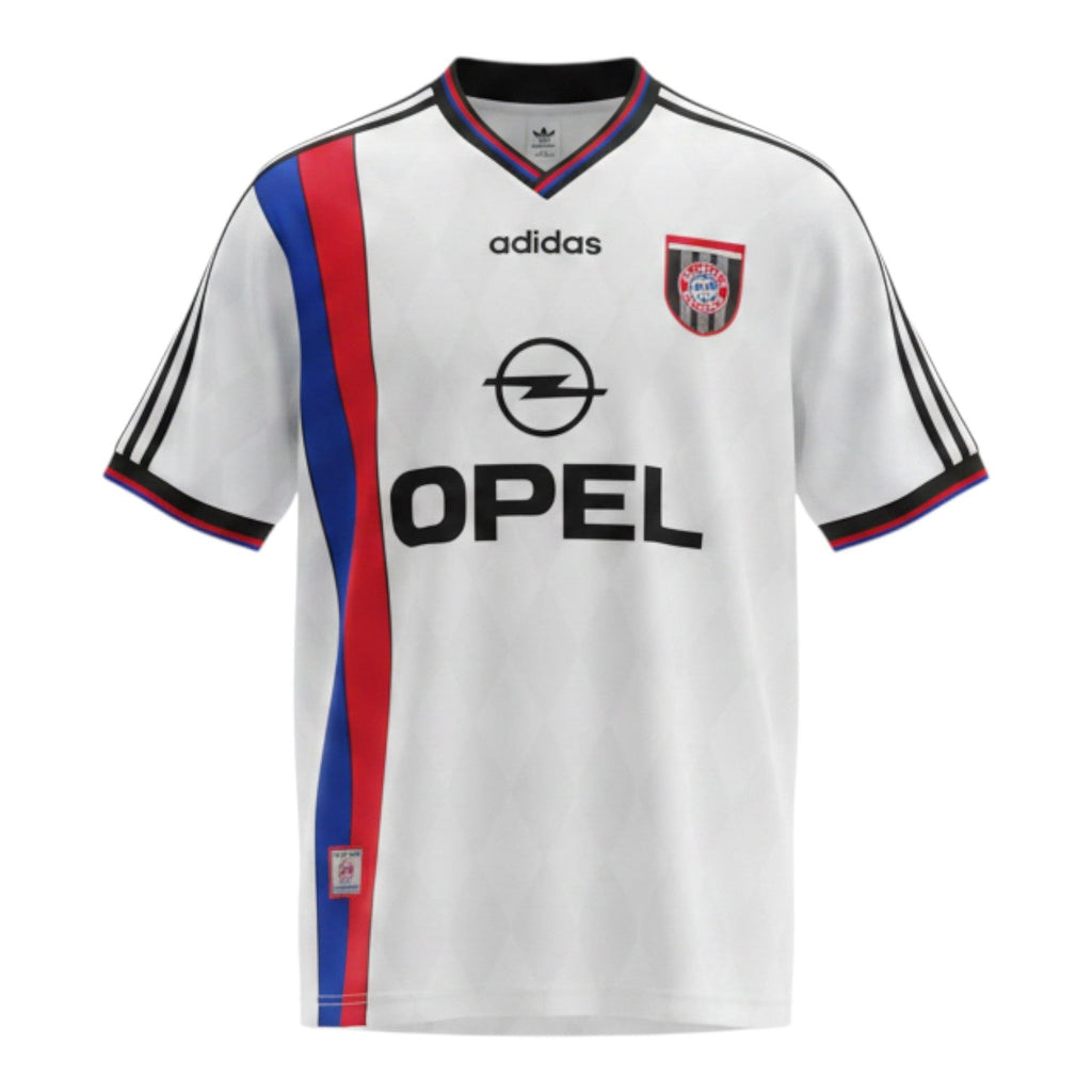 Hinchas Sportswear Store white retro Bayern Munich 1995/96 away jersey with red and blue stripes, Opel sponsor, and Adidas branding.