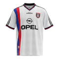 Hinchas Sportswear Store white retro Bayern Munich 1995/96 away jersey with red and blue stripes, Opel sponsor, and Adidas branding.