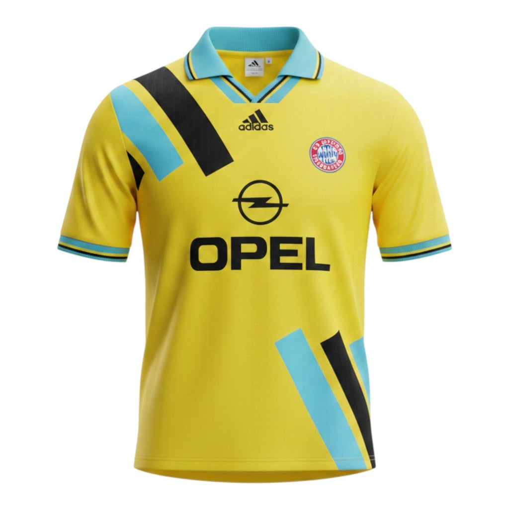 Hinchas Sportswear Store Bayern Munich 1993/94 retro away jersey, yellow with teal and black stripes, Adidas logo, Opel sponsor.