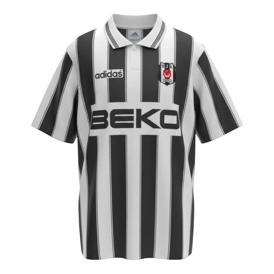 Hinchas Sportswear Store Beşiktaş JK retro 96/97 home jersey, black and white stripes, polo collar, BJK crest, Adidas and Beko logos.