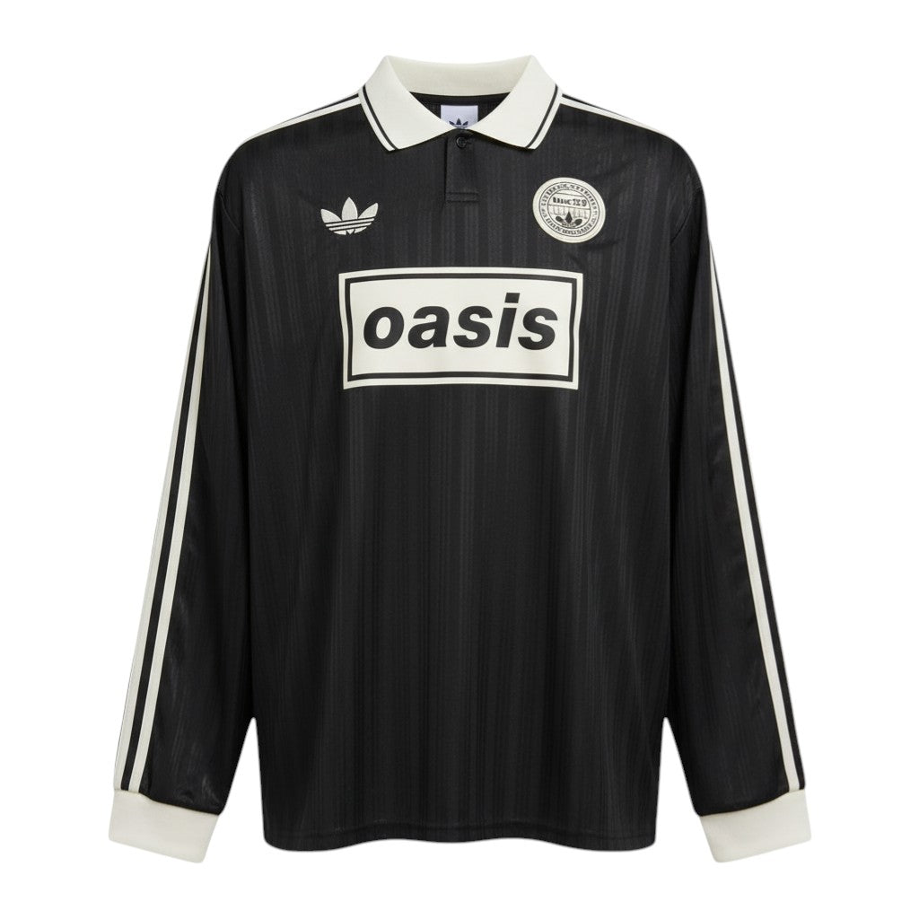 Hinchas Sportswear Store black long sleeve Adidas x Oasis retro jersey with white collar, cuffs, and sponsor logo.