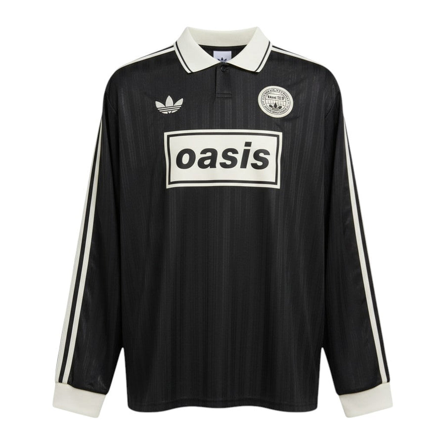 Hinchas Sportswear Store black long sleeve Adidas x Oasis retro jersey with white collar, cuffs, and sponsor logo.