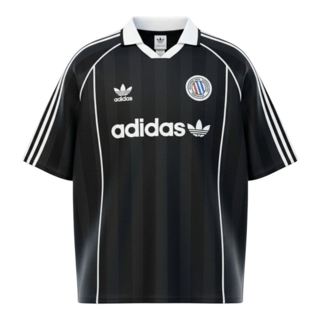 Hinchas Sportswear Store black Adidas Originals retro jersey with white stripes and Trefoil logo.