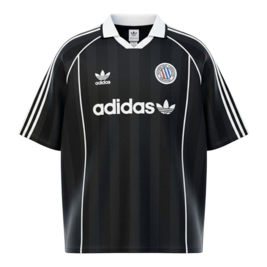 Hinchas Sportswear Store black Adidas Originals retro jersey with white stripes and Trefoil logo.