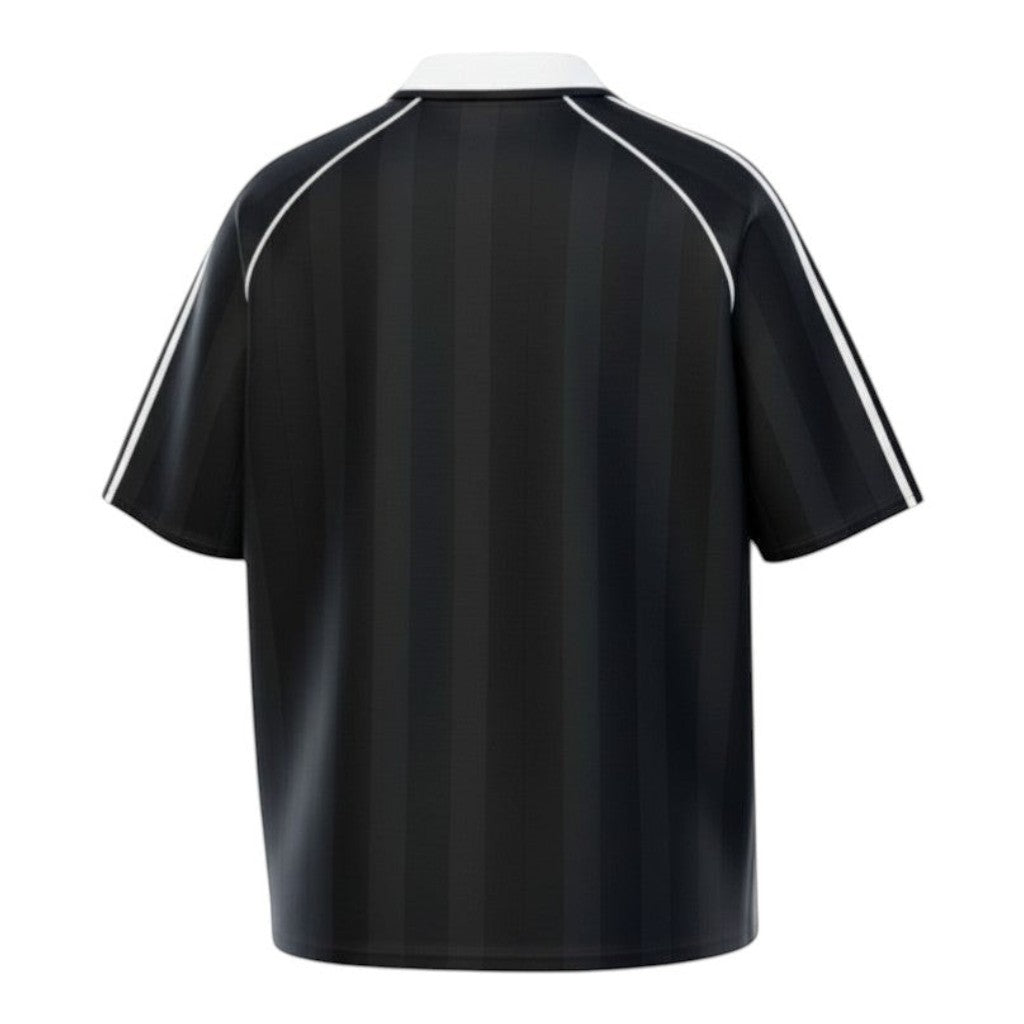 Hinchas Sportswear Store black Adidas Originals retro jersey with white stripes and Trefoil logo, classic collar.