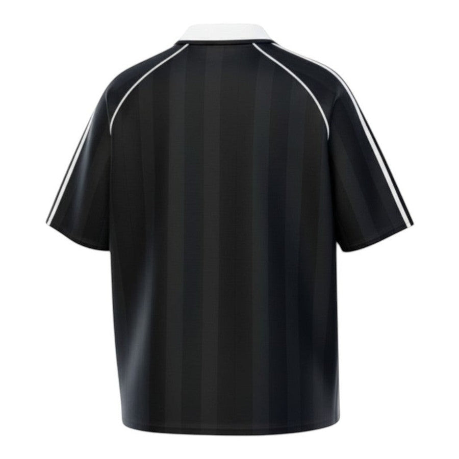Hinchas Sportswear Store black Adidas Originals retro jersey with white stripes and Trefoil logo, classic collar.