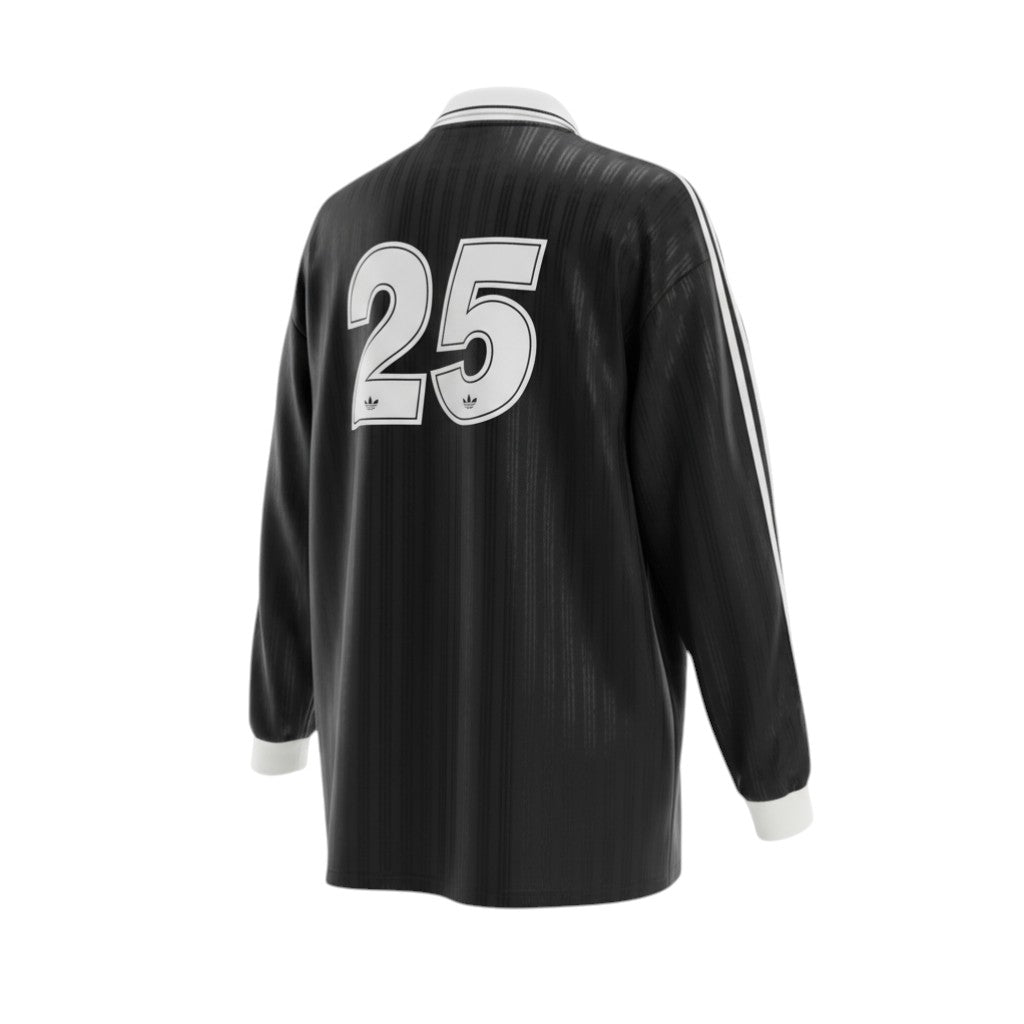 Hinchas Sportswear Store black long sleeve retro jersey with white collar, cuffs, Adidas stripes, and '25' on back.